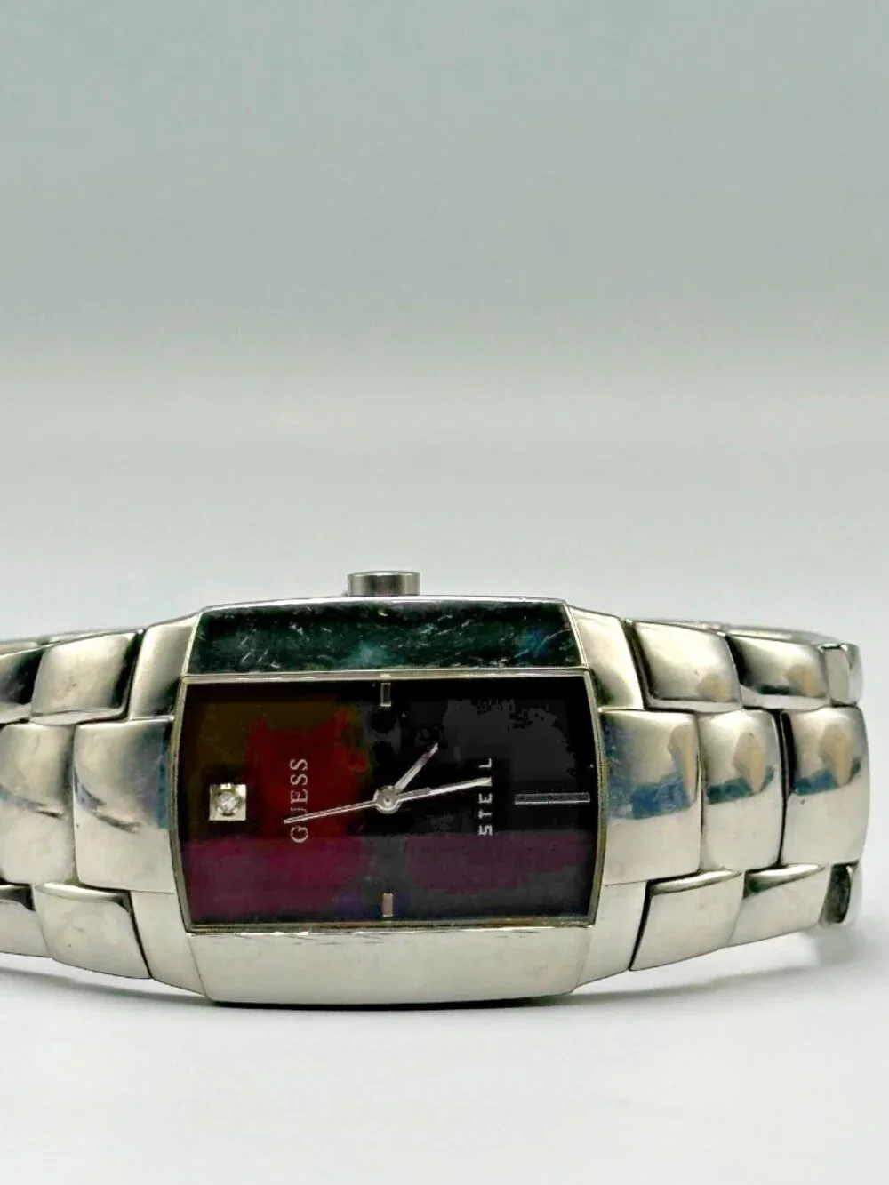 Guess Steel Watch Men Maroon Dial Barrel Case Water Resistant New Battery 7.25